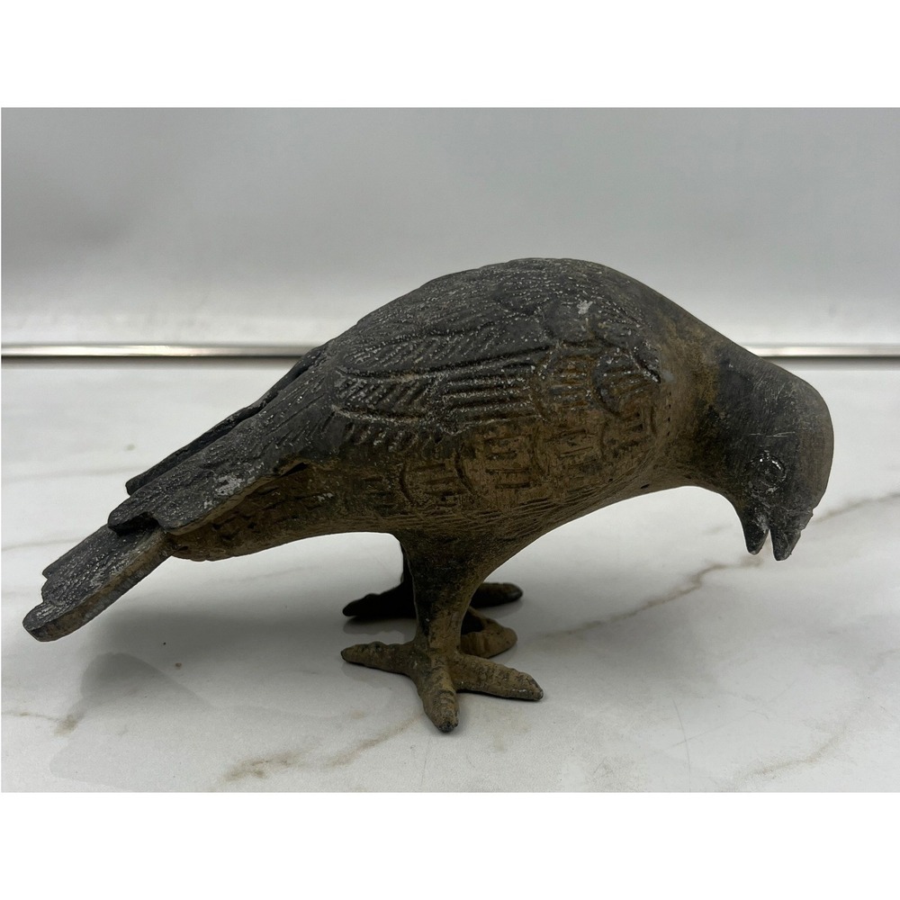 Vintage Cast Metal Bird Figurine Rustic Iron Spelter Pecking Crow Raven Statue
